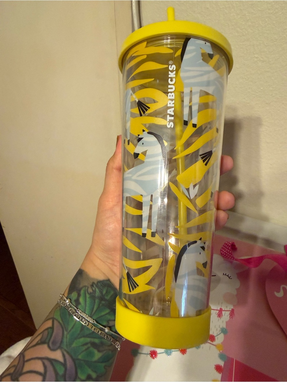 Starbucks Yellow and Light Blue Zebra Stripe Reusable Tumbler